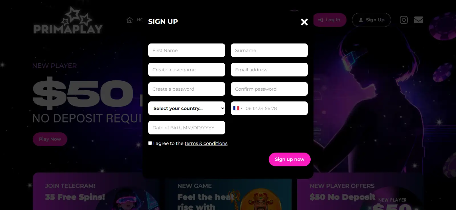 PrimaPlay registration form and account-country selection area