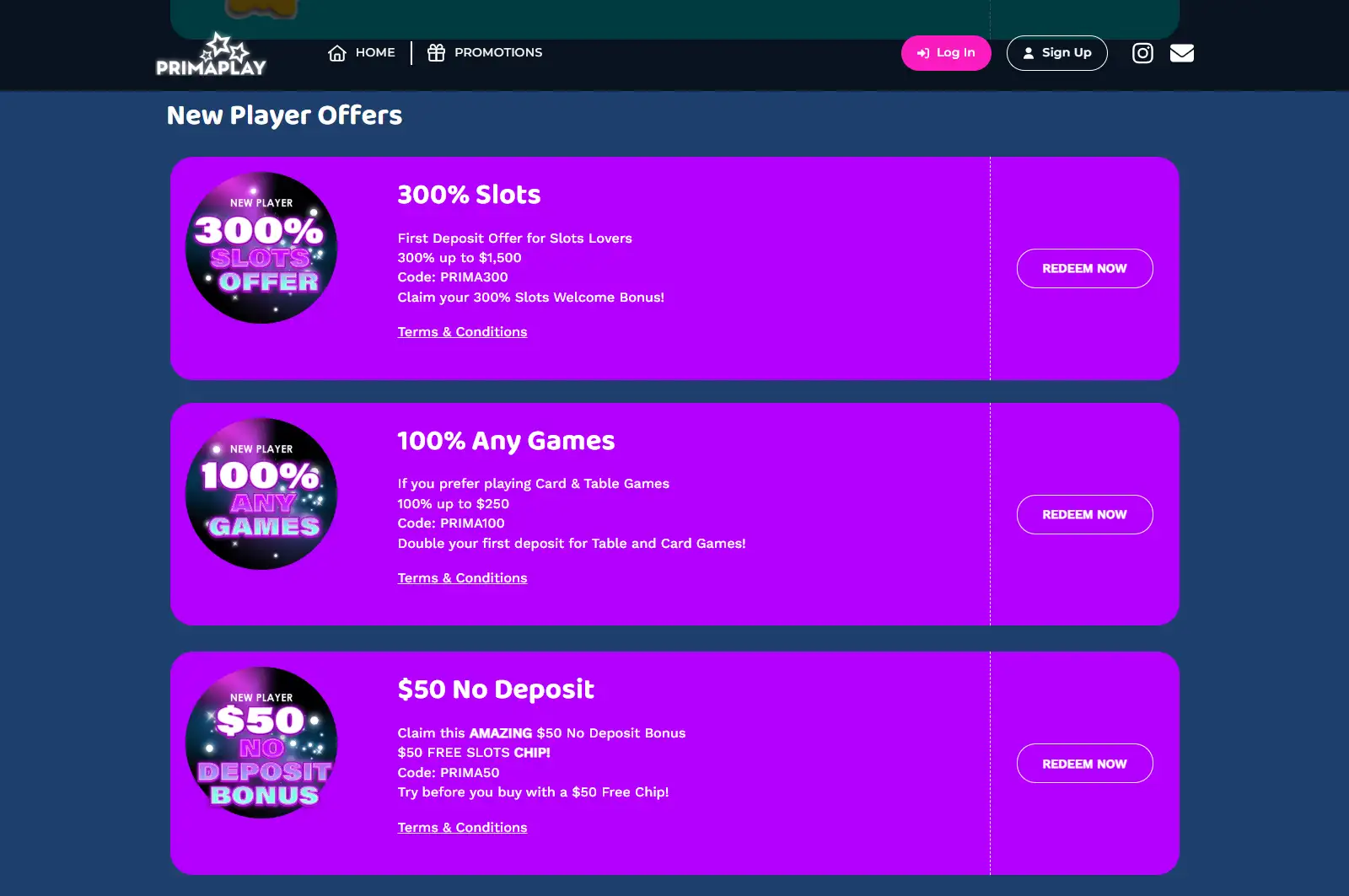 PrimaPlay promotions archive showing current welcome offers