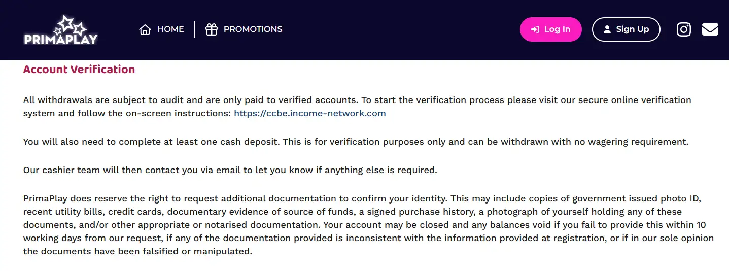PrimaPlay terms section describing account verification