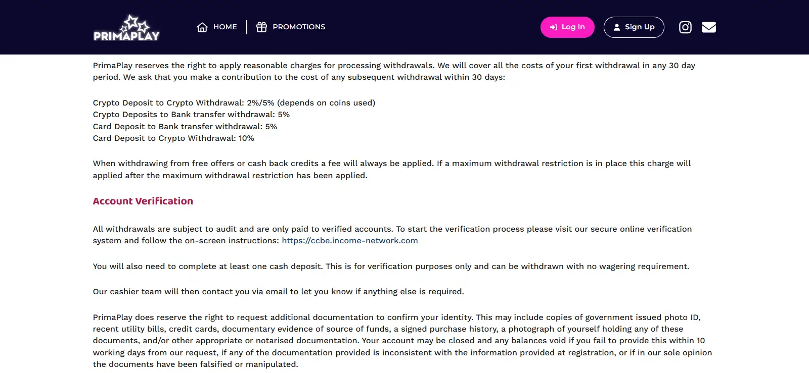 PrimaPlay withdrawal terms or cashier screen
