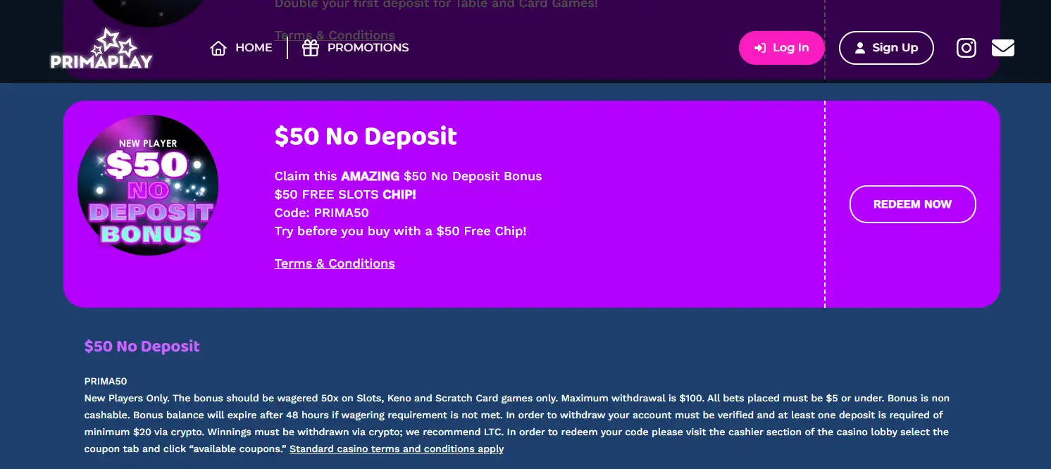 PrimaPlay PRIMA50 no-deposit promotion entry