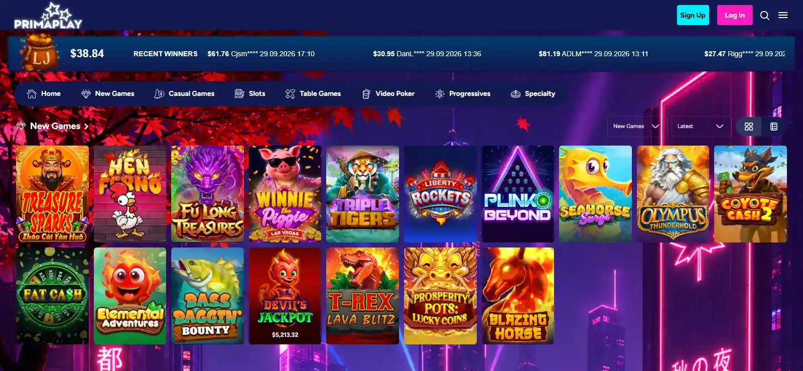 PrimaPlay game lobby showing casino categories
