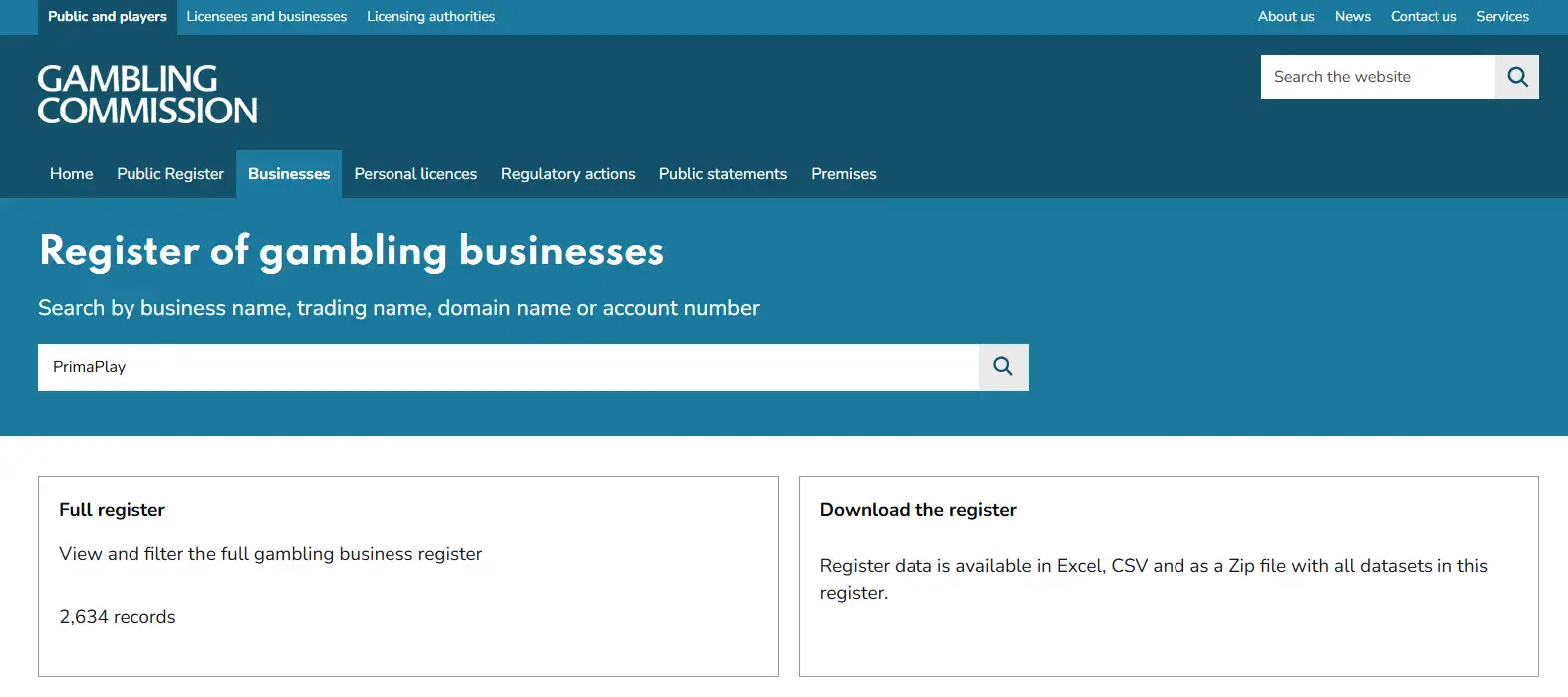 UK Gambling Commission public business register used to check PrimaPlay licence status